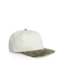 A two-tone cap featuring a white front and a camo-patterned peak, with a logo on the side.