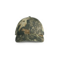 A camo cap in shades of green and brown, featuring a logo on the front. Ideal for headwear use.