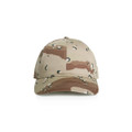 A beige camo cap with a patterned design featuring shades of brown and green. It has a logo on the front.