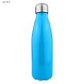 A drink bottle in light blue, made of shiny stainless steel with a silver lid and a logo on the side.