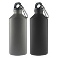 A drink bottle set featuring a matte grey and a matte black finish, each with a carabiner clip and a logo.
