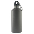 A drink bottle in a sleek grey finish, featuring a secure lid and a carabiner for easy attachment.