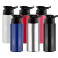 A drink bottle collection featuring white, blue, silver, black, red, and pink colours, each with a flip-top lid and branding.