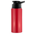 A drink bottle in bright red, featuring a black flip-top lid and a sleek design, includes a logo.