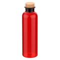 A drink bottle in vibrant red with a cork stopper and a sleek design. It features a logo on the body.