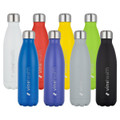 A drink bottle collection featuring stainless steel in various colours including white, blue, green, yellow, grey, black, and purple.
