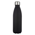 A drink bottle in sleek black with a stainless steel lid and a matte finish, featuring a logo.
