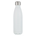 A drink bottle in matte white with a stainless steel cap and a logo. Ideal for keeping beverages cold or hot.