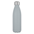 A drink bottle in a matte grey finish with a stainless steel cap and a sleek design. Features a logo.