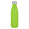 A drink bottle in bright green with a silver cap, featuring a sleek, modern design and a logo.