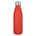 A drink bottle in bright red with a stainless steel cap and a smooth matte finish. It features a logo on the surface.