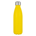 A drink bottle in bright yellow with a stainless steel cap and a sleek, curved design.