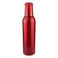 A drink bottle in a sleek, shiny red finish with a matching cap and a logo.