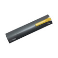 A USB pen drive with a yellow tip on a grey casing, featuring a logo and a USB connector.