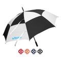 A black and white striped golf umbrella with a logo, featuring a slightly curved handle and four colour options below.