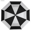 A black and white golf umbrella with a geometric design and a central handle, featuring a logo.