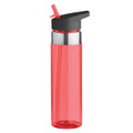 A drink bottle in vibrant red with a black lid and straw, featuring a silver band around the top.