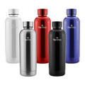 A drink bottle collection featuring white, silver, red, black, and blue bottles, each with a logo.