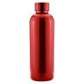 A drink bottle in bright red with a sleek, metallic finish and a matching cap. It features a logo.