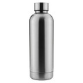 A drink bottle in a sleek silver finish, featuring a stainless steel design and a simple logo at the base.