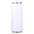 A drink bottle in a sleek white design with a silver lid, featuring a branding logo.