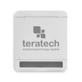 A white phone stand with a grey base, featuring a logo and a minimalistic design.