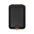 A black phone wallet with a smooth finish and an orange accent at the bottom. It has a simple, sleek design.
