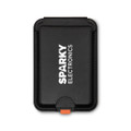 A black Cozy Phone Wallet with a logo, featuring a secure closure and a contrasting orange accent.