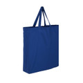 A blue cotton tote bag with two handles and a simple design. The bag features a logo on one side.