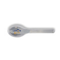 A stainless steel spoon with a colourful logo featuring "Lemon & Lime." The spoon has a sleek design.
