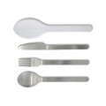 A cutlery set featuring stainless steel knife, fork, spoon, and a transparent serving spoon, arranged in a row.