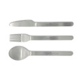 A stainless steel cutlery set featuring a knife, fork, and spoon with a logo.