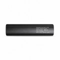 A black 5,000mAh power bank with a logo, featuring input and output specifications on one side.