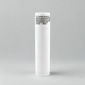 A white lip balm tube with a rounded cap, featuring ingredient information on the label.