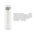 A white lip balm tube with a cylindrical shape, featuring a logo and ingredient list on the side.