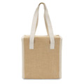 A beige cooler bag with white handles, featuring a simple, textured design and a logo.