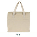 A cream cooler bag with double handles and a front pocket, featuring a simple logo on the side.