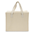 A beige cooler bag with sturdy handles and a simple design, featuring a logo on one side.