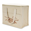 A cream cooler bag with a rectangular shape, featuring handles and a logo of a dog on the front.