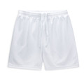 A pair of white men's active shorts with an elastic waistband and drawstring. Features a logo.