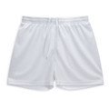 White women's active shorts with an elastic waistband and drawstring. Features a logo on the waistband.