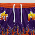 Custom women's active shorts in purple with orange accents, featuring a flame design and a drawstring waistband.