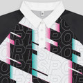 A custom women's active polo in black, white, and pink with a geometric design and a logo on the collar.