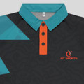 A black polo shirt featuring turquoise and orange accents, with a logo on the front.