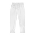 A pair of white men's active pants with an elastic waistband and drawstring, featuring a logo.