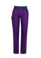 Purple straight leg scrub pants with a navy waistband and a side pocket. The design is tailored for women's uniforms.