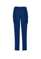 Navy blue slim leg scrub pants with side pockets and an elastic waistband, featuring a logo.