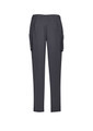 Slim leg scrub pants in dark grey with side pockets and an elastic waistband. Features branding on the waistband.