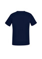 A navy blue women's scrub top with a V-neck design, featuring short sleeves and a plain back.