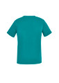 A teal women's V-neck scrub top featuring short sleeves and a simple design, with a logo on the back.